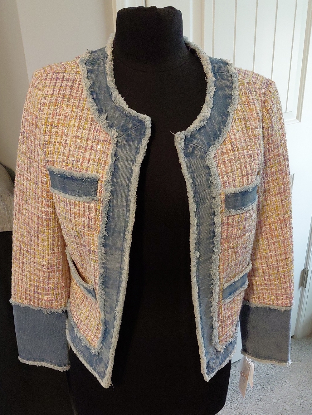 Nanette Lepore Pink Multicolor Tweed Jacket with Denim Trim